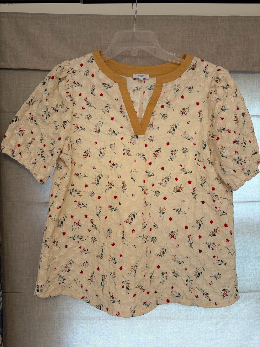 Voy Floral Embroidered Cream Top with Mustard Trim